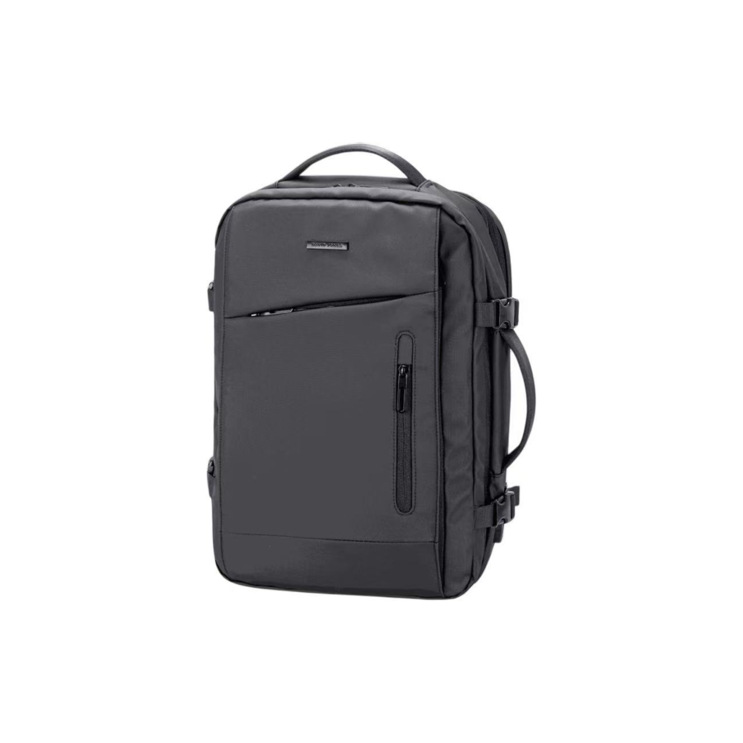Sac à dos cabine ordinateur noir David Jones vue de profil avec poignée et poches zippées