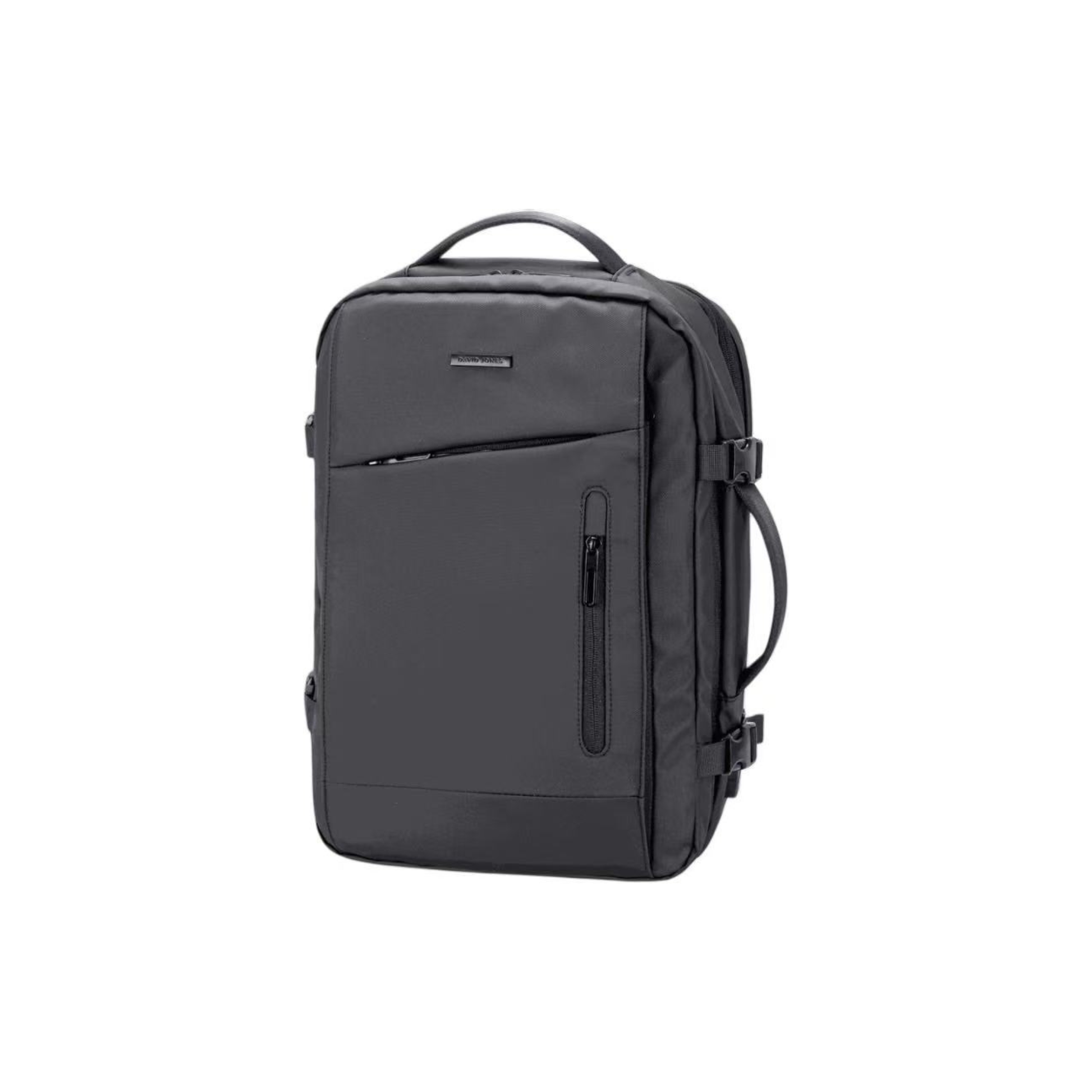 Sac à dos cabine ordinateur noir David Jones vue de profil avec poignée et poches zippées