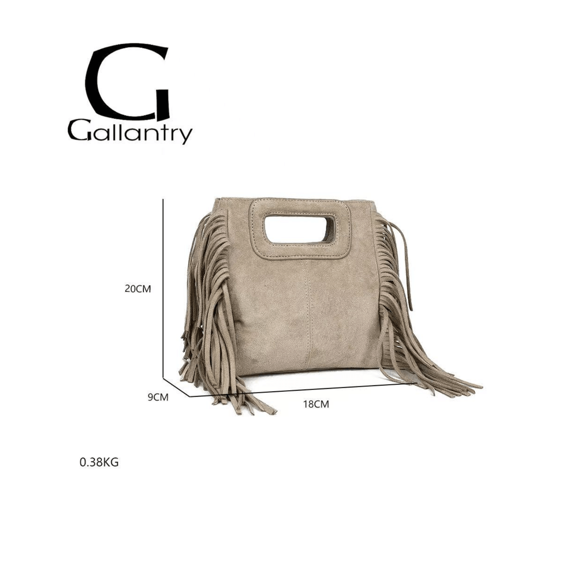 Dimensions du sac bandoulière Gallantry taupe à franges effet daim
