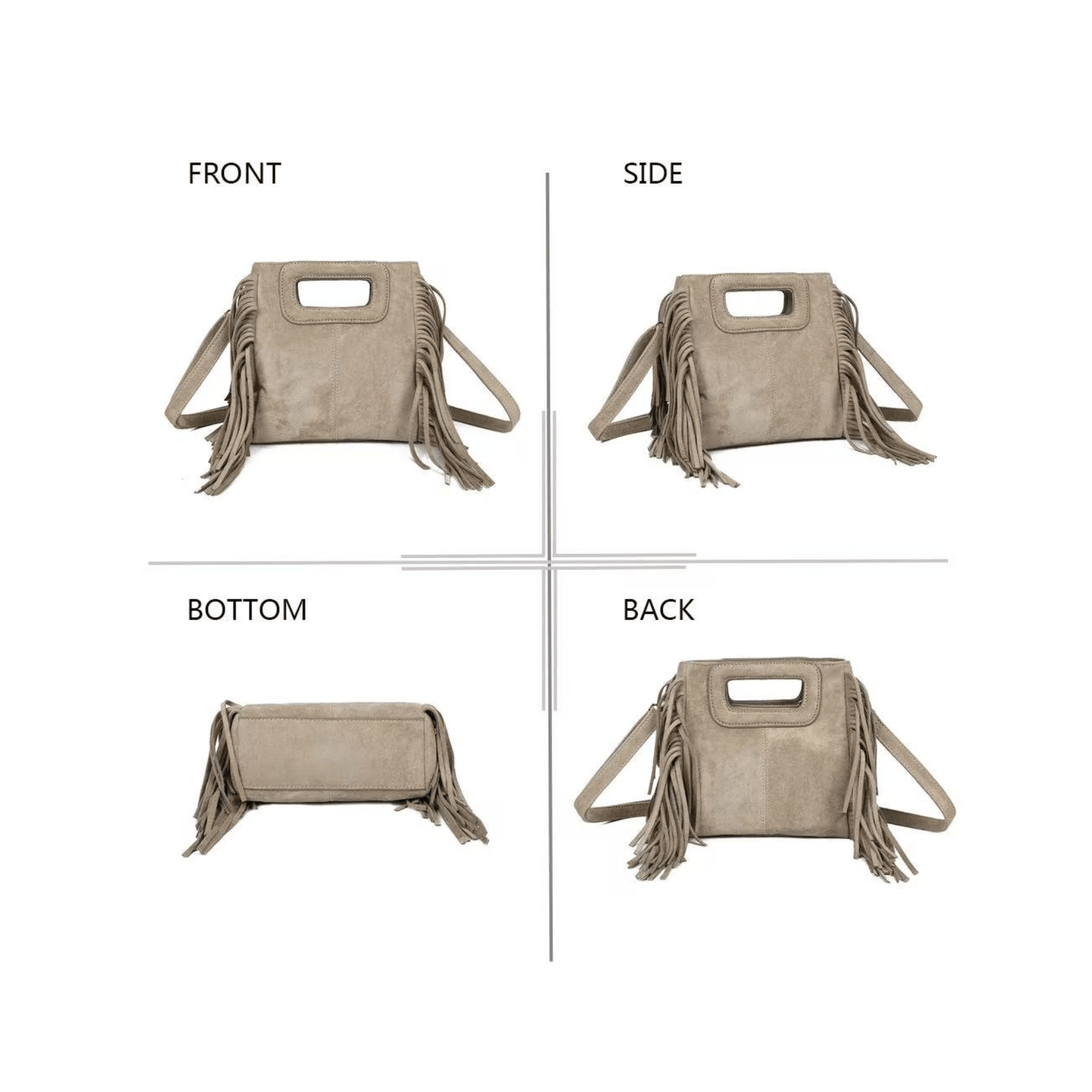 Vue complète sac Gallantry taupe avec franges style bohème
