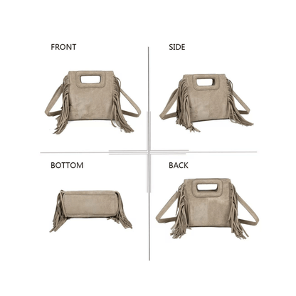 Vue complète sac Gallantry taupe avec franges style bohème
