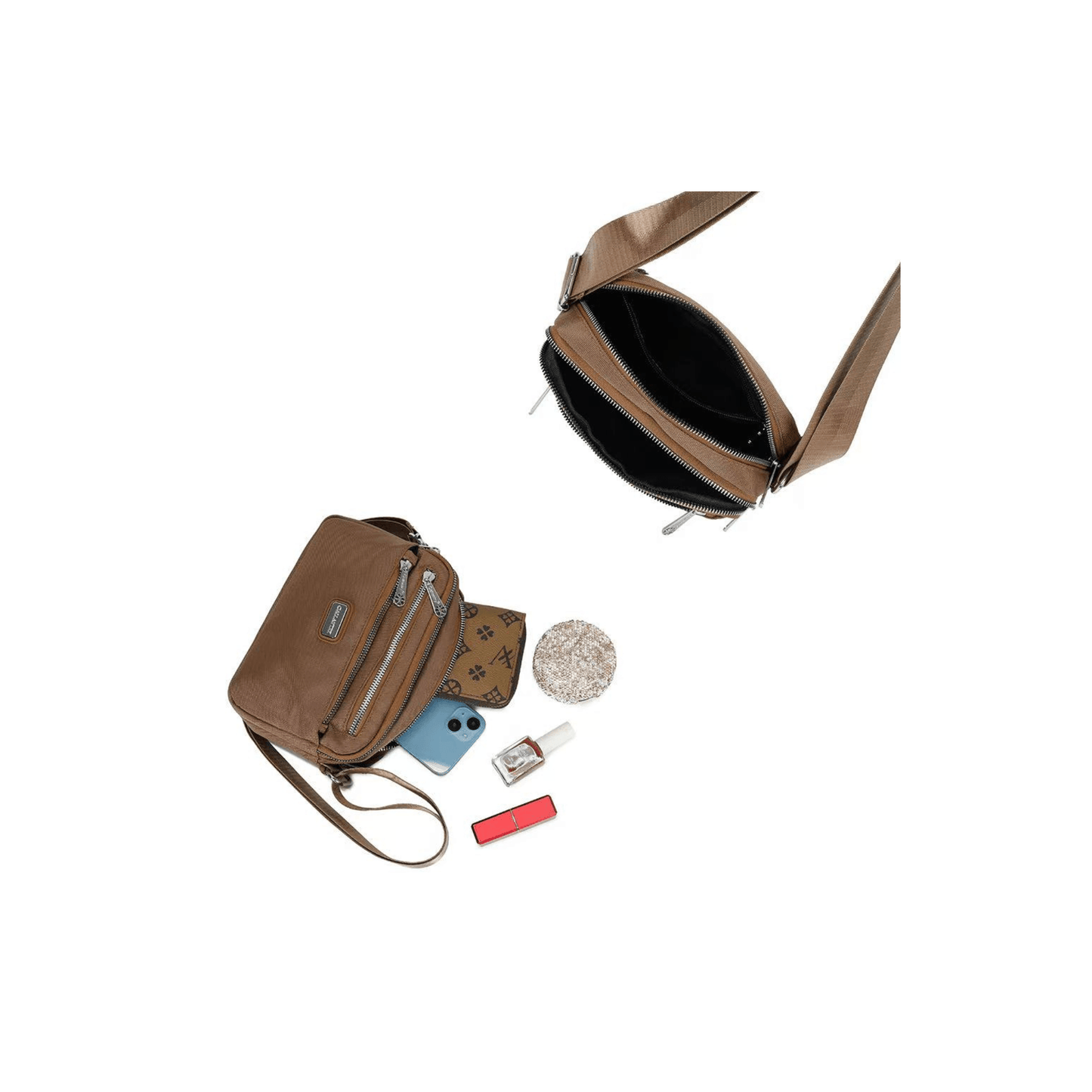 Intérieur du sac bandoulière Gallantry marron avec poches zippées