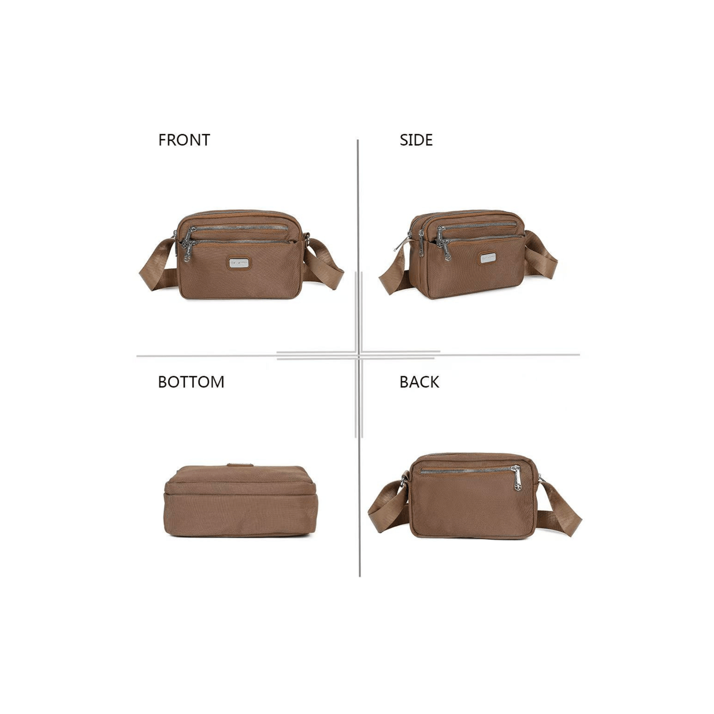 Différentes vues du sac bandoulière Gallantry marron multi compartiments