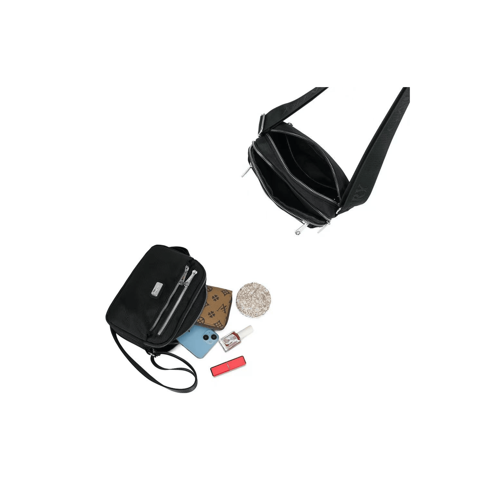 Intérieur du sac bandoulière Gallantry noir avec compartiments zippés
