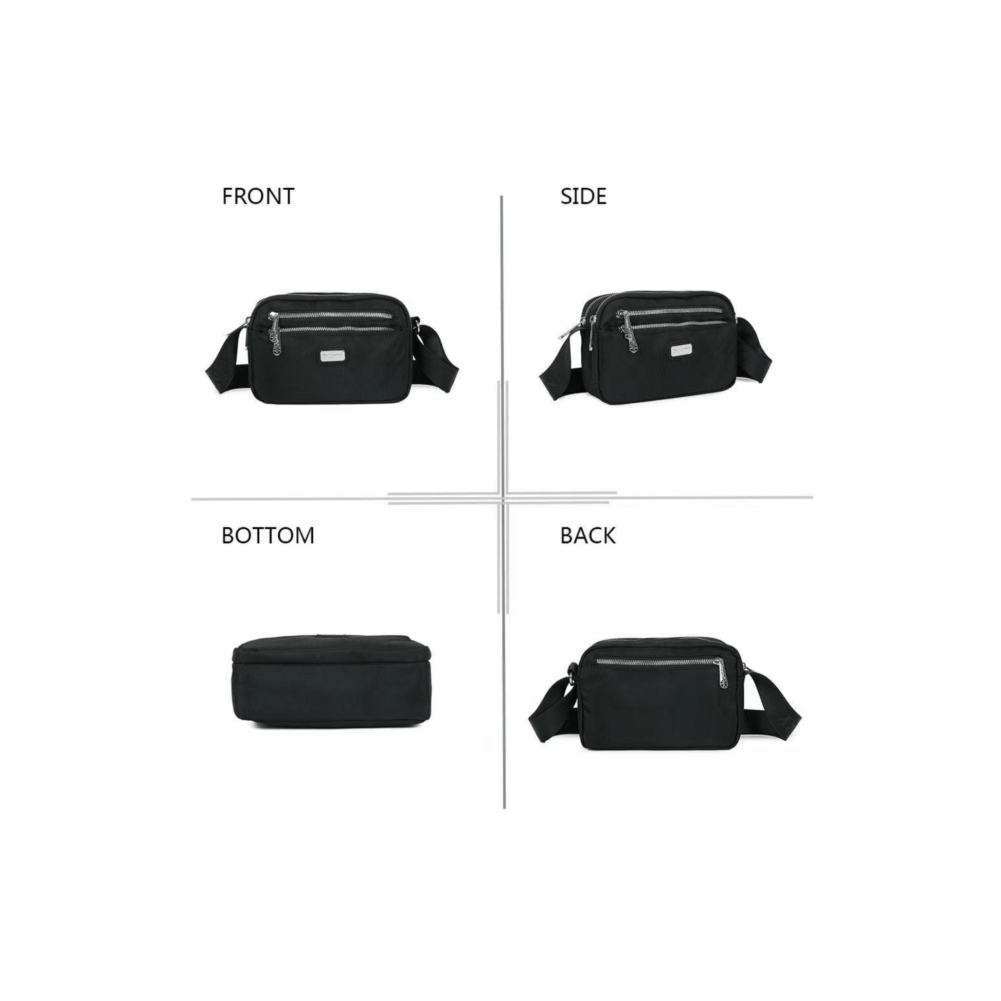 Différentes vues du sac bandoulière Gallantry noir multi compartiments