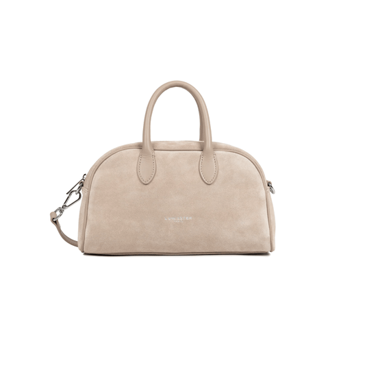 Sac bowling Lancaster suède beige foncé vue face Nevada Maroquinerie