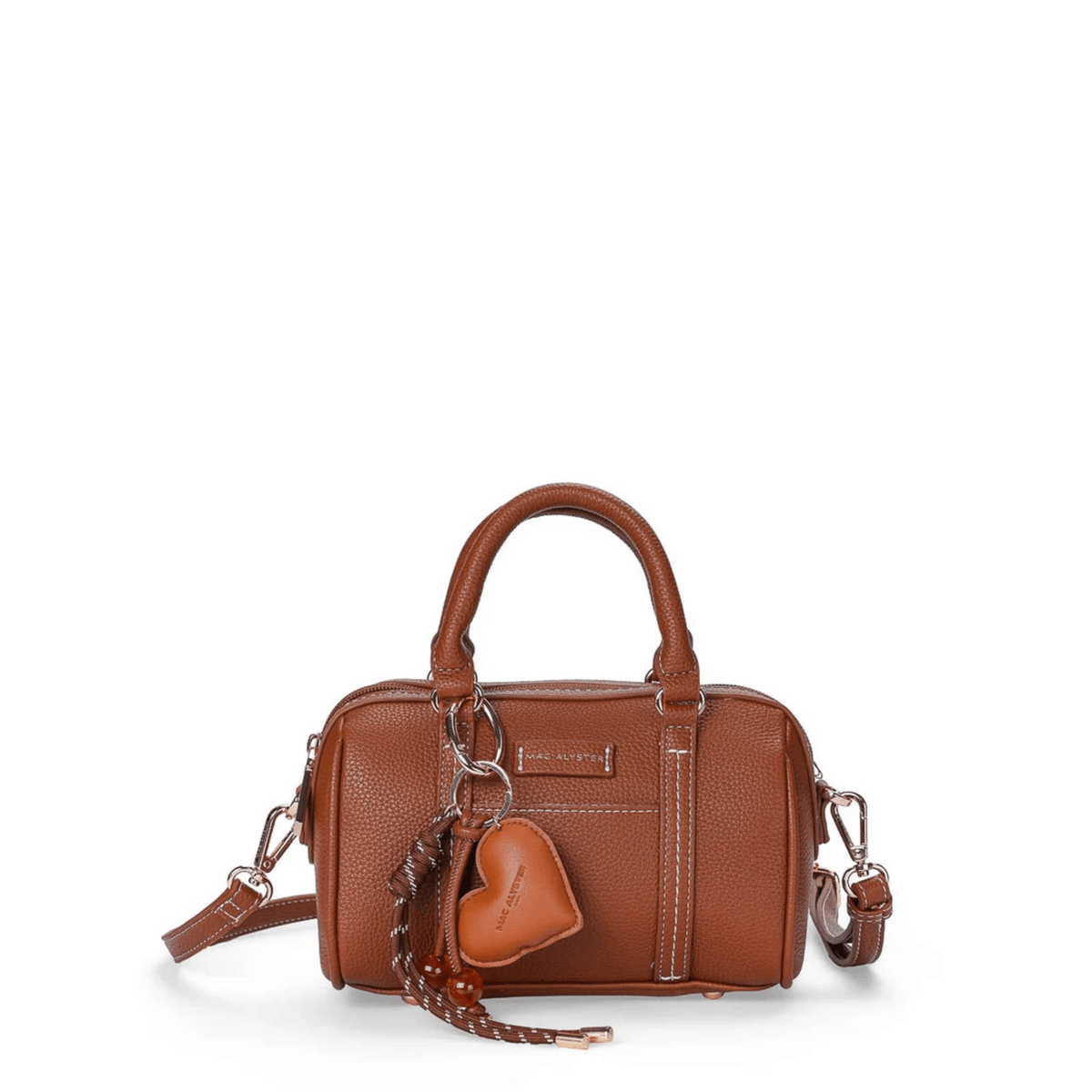 Sac bowling MAC ALYSTER Harmonia cognac vue de face avec bijou cœur