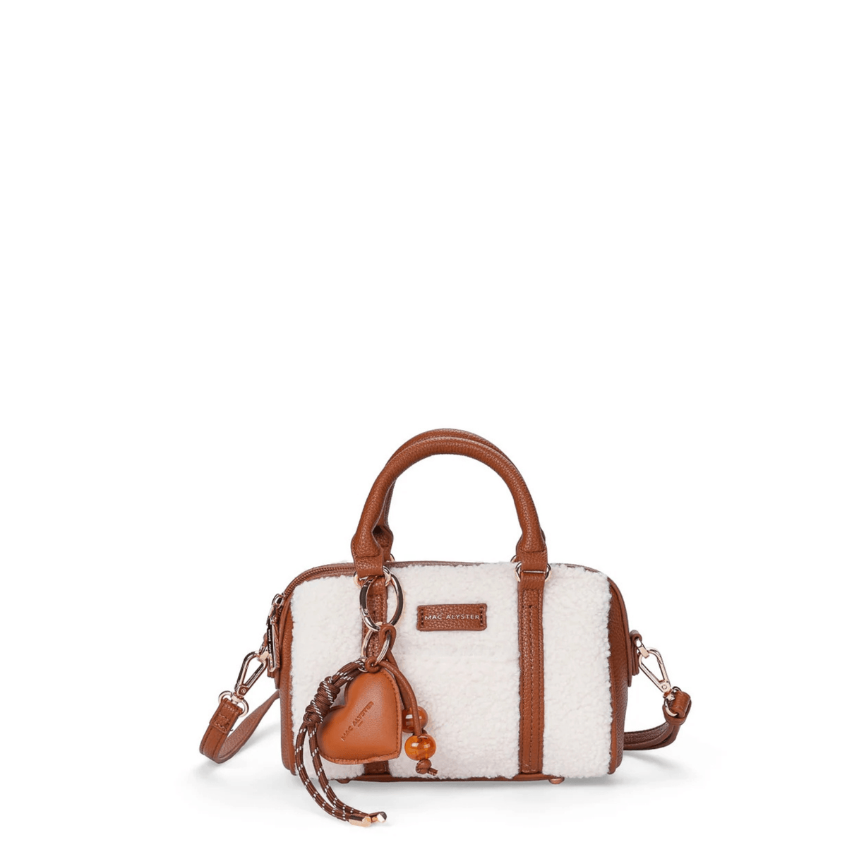 Sac bowling MAC ALYSTER Harmonia PS885 moumoute beige vue de face avec bijou cœur