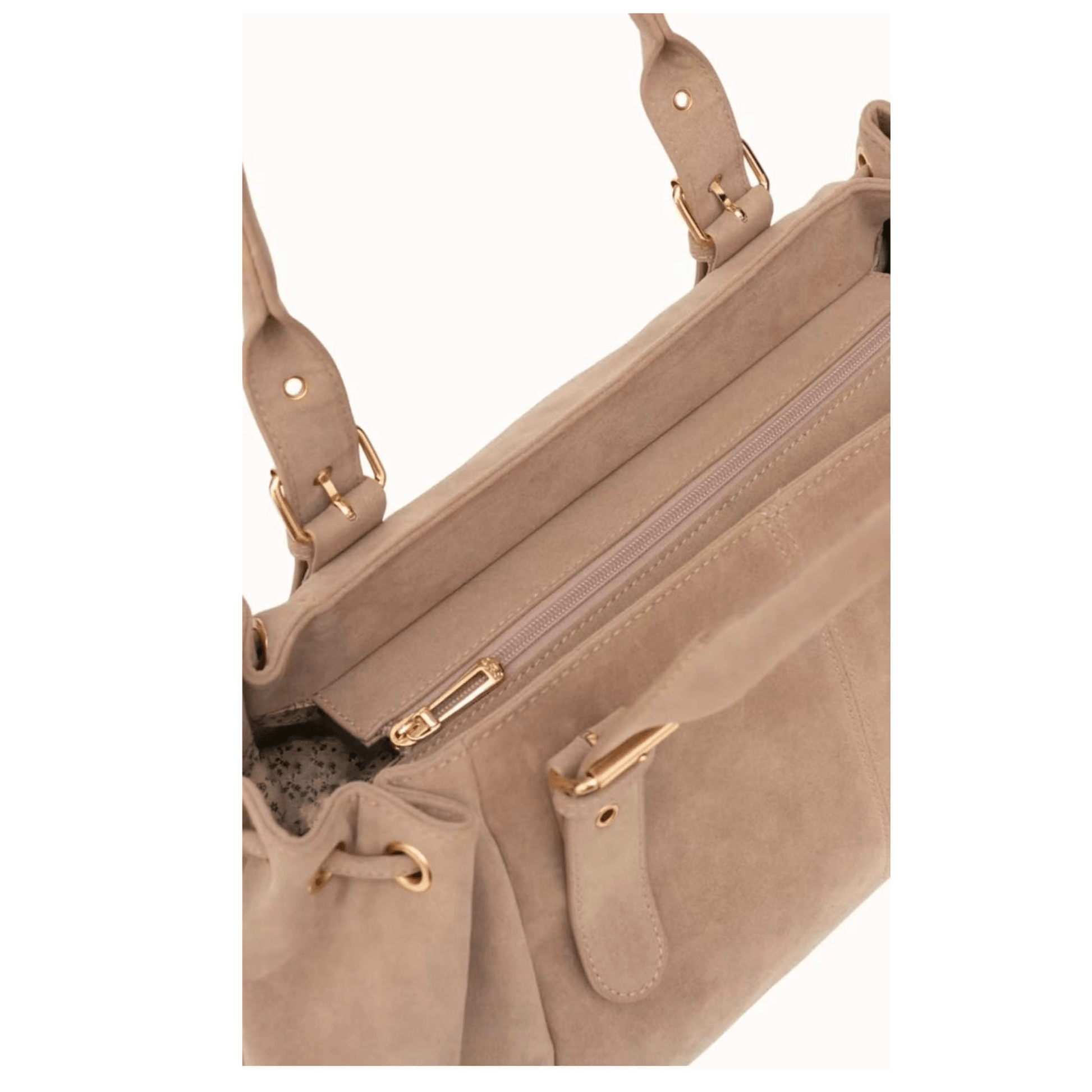 Intérieur du sac cabas Garance beige avec grand compartiment zippé et nombreux espaces de rangement