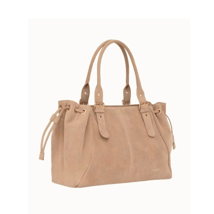 Sac cabas Garance beige en suédine vu de trois-quarts avec liens coulissants