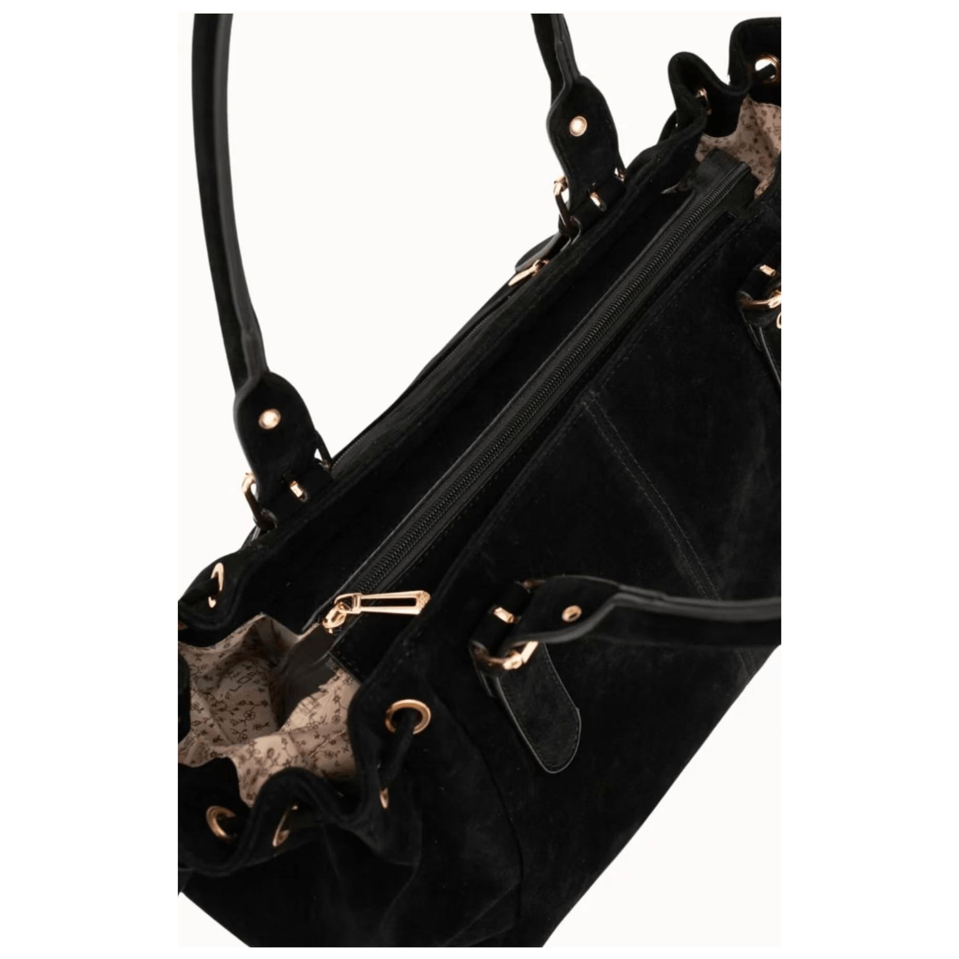Intérieur du sac cabas Garance noir avec grand compartiment zippé et espace de rangement généreux