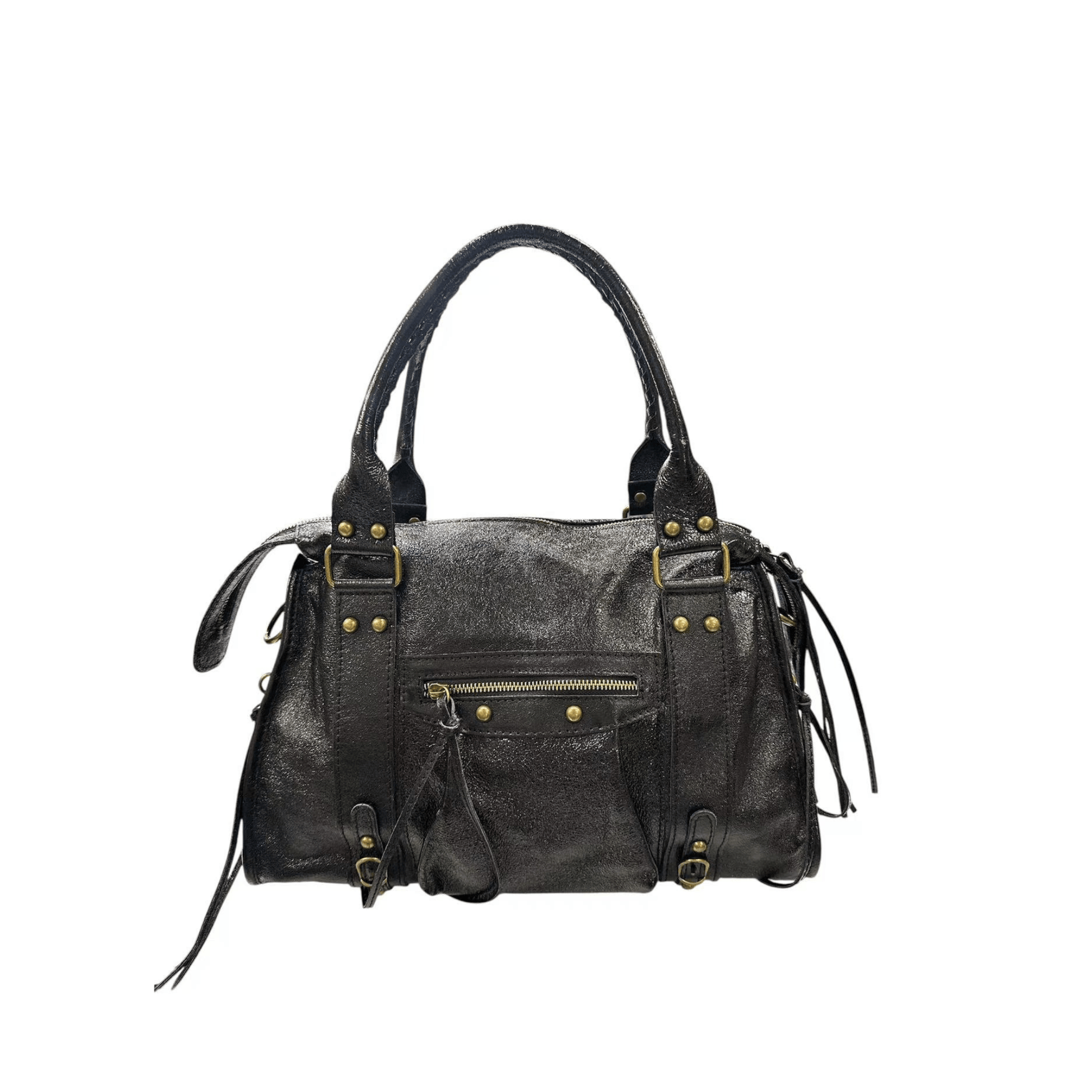 sac cabas skyla noir cuir brillant vue face
