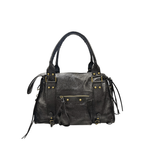 sac cabas skyla noir cuir brillant vue face
