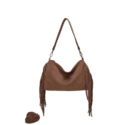 Sac femme à franges Ines Delaure chocolat avec anse tressée amovible