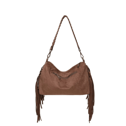 Sac porté épaule bohème chocolat effet suédine avec longues franges