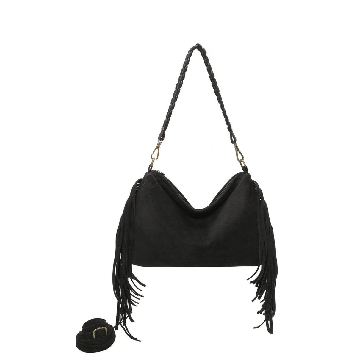 Sac à franges noir Ines Delaure femme avec anse tressée et bandoulière