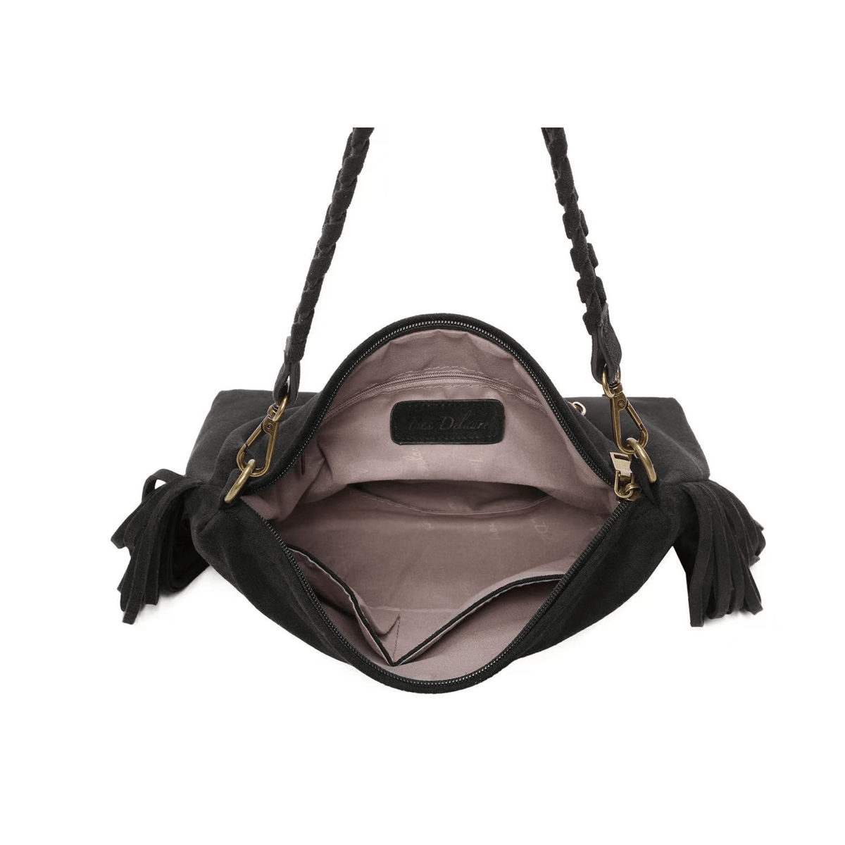 Intérieur du sac à main Ines Delaure noir avec poches de rangement