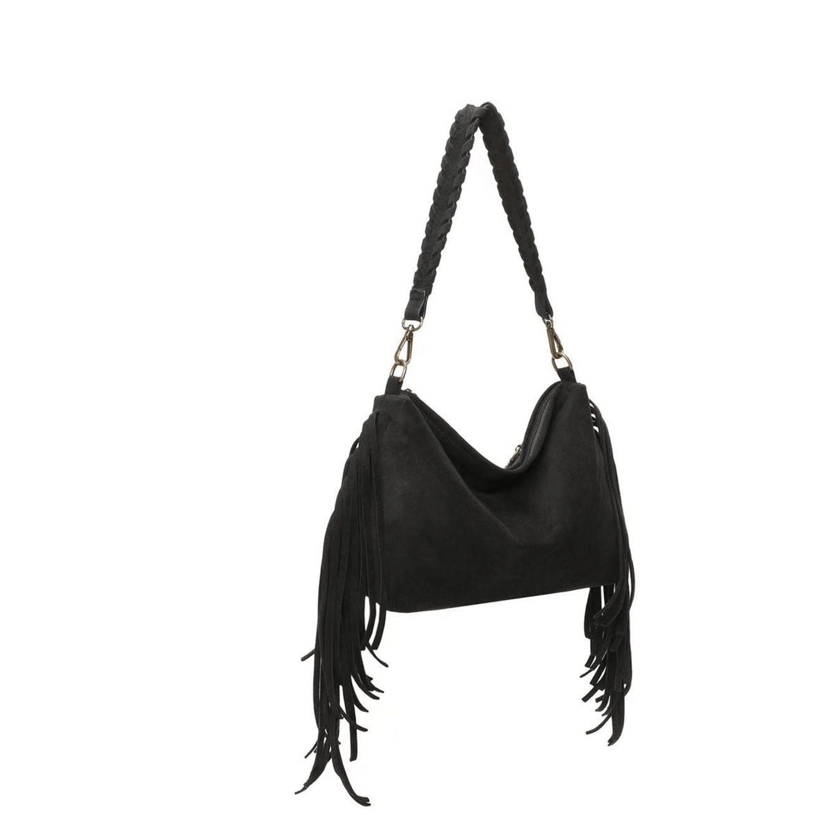 Sac bohème chic noir effet suédine avec longues franges latérales