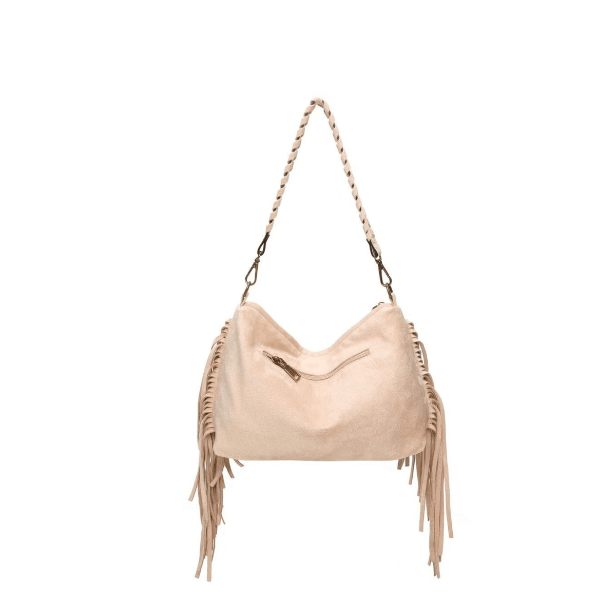 Dos du sac à franges Ines Delaure taupe avec poche extérieure zippée