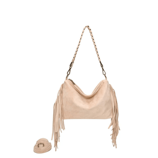 Sac porté épaule Ines Delaure taupe effet suédine avec franges et anse tressée