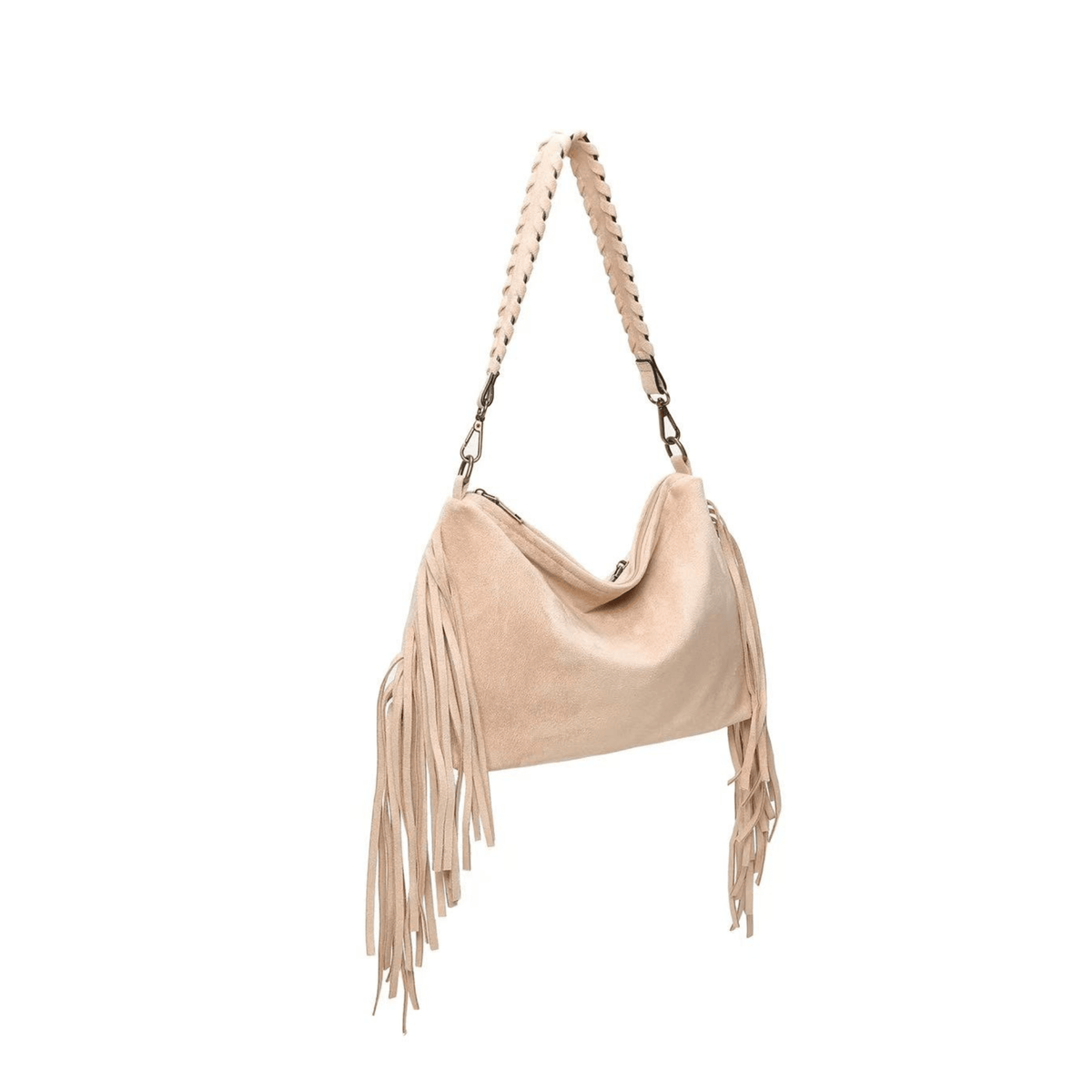 Vue de profil du sac bohème à franges taupe Ines Delaure