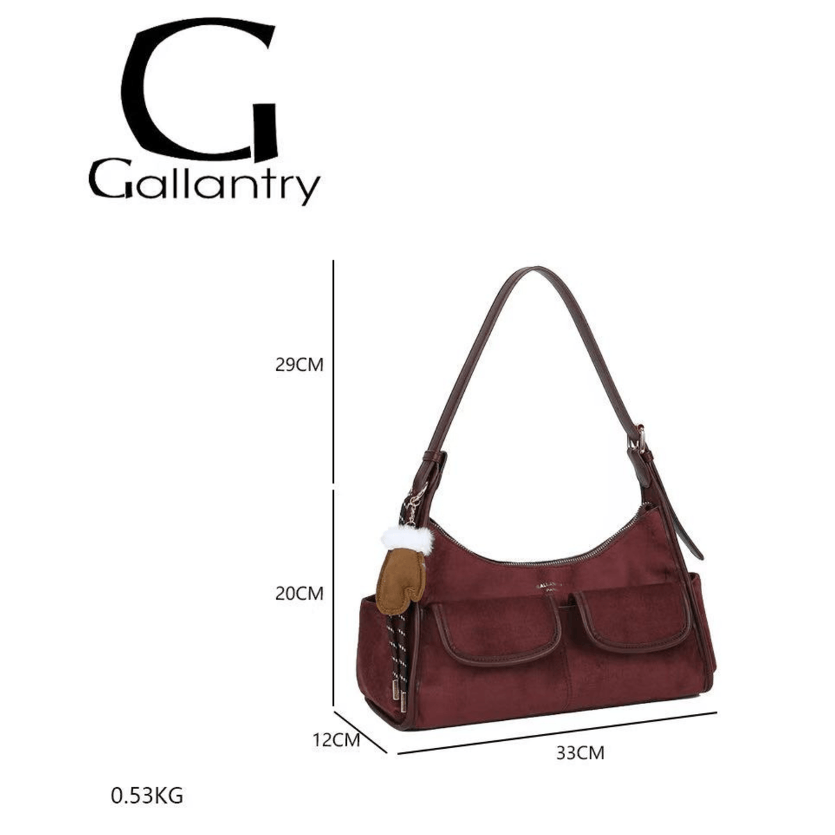 Dimensions sac Gallantry bordeaux 33 x 20 x 12 cm avec anse réglable