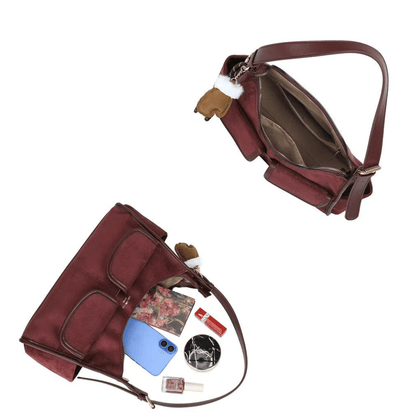 Intérieur du sac porté épaule Gallantry bordeaux avec fermeture zippée et poches de rangement
