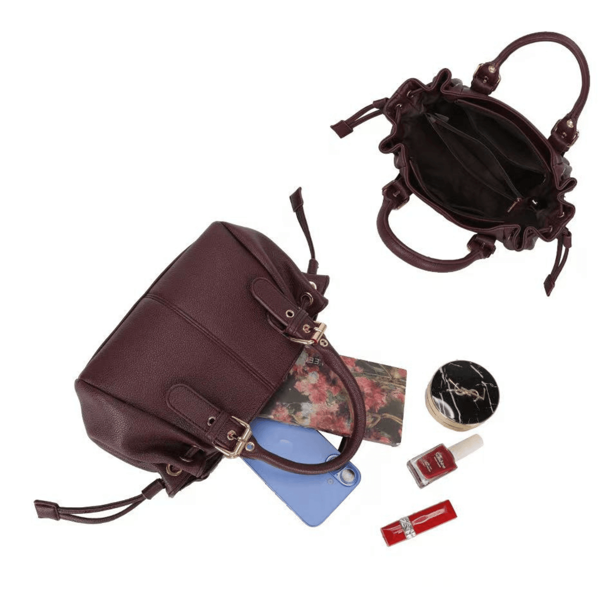 Intérieur du sac Gallantry Mini Garance bordeaux et exemple de capacité
