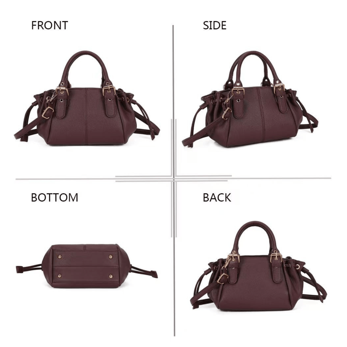 Sac Gallantry Mini Garance bordeaux présenté de face, de profil, de dos et de dessous