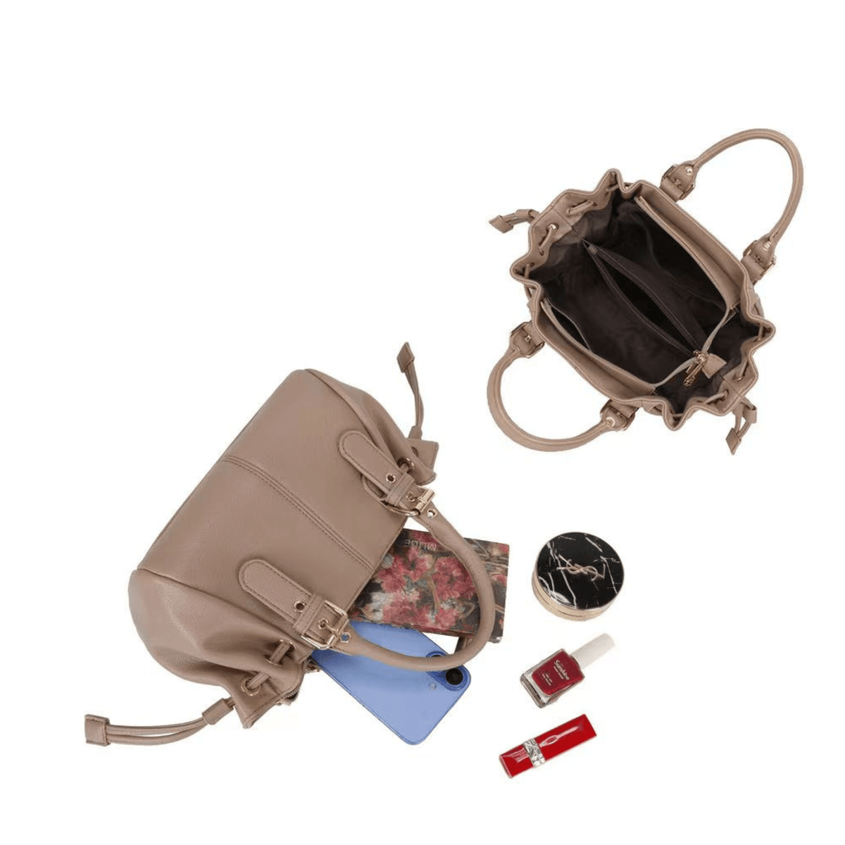 Intérieur du sac Gallantry Mini Garance taupe et exemple de capacité
