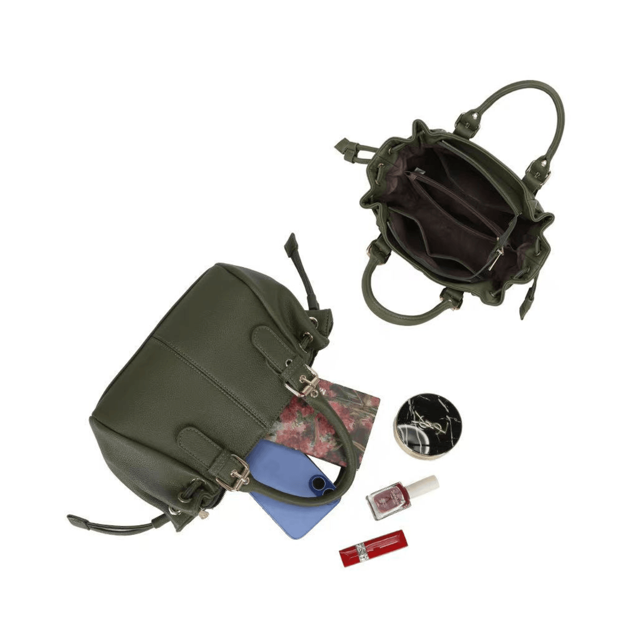Intérieur du sac Gallantry Mini Garance vert et exemple de capacité