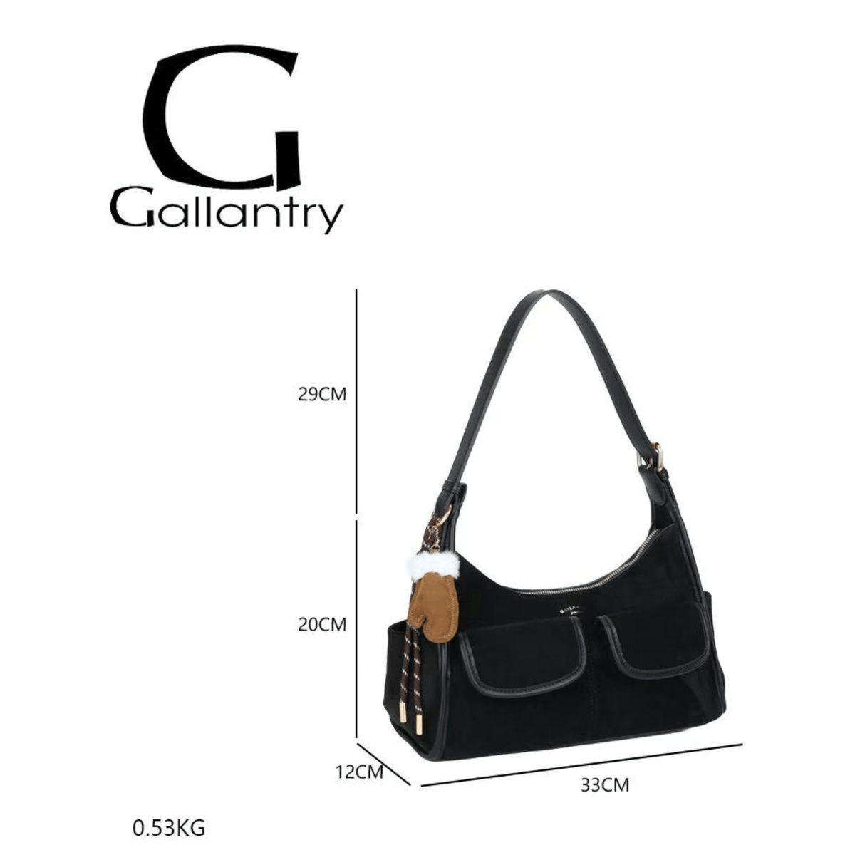 Dimensions sac Gallantry noir 33 x 20 x 12 cm avec anse réglable