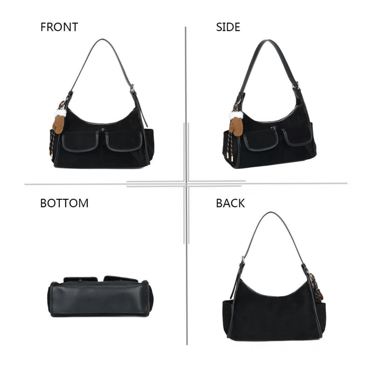 Sac Gallantry noir vues de face de profil de dos et du dessous