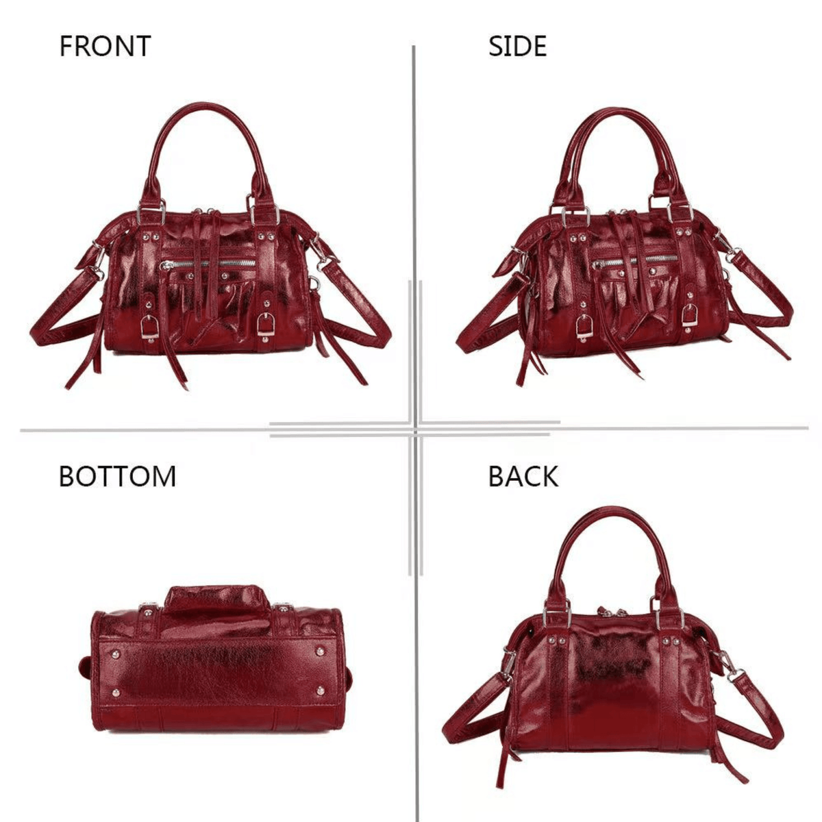 Sac bowling femme bordeaux effet verni avec vues de face, profil, dos et dessous