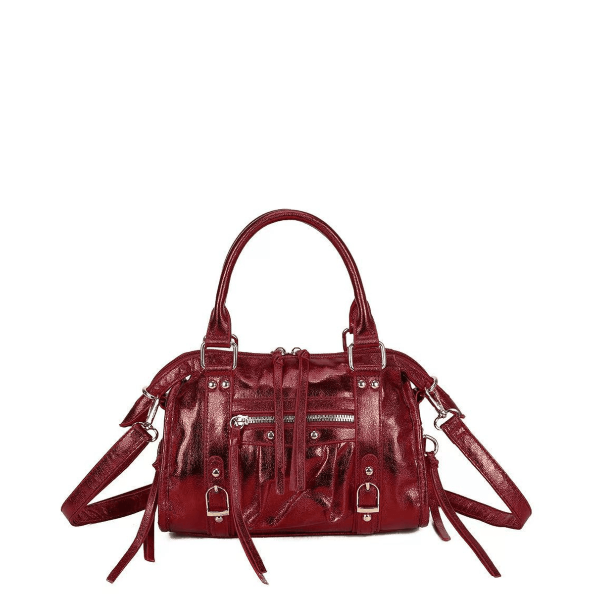 Sac à main femme bordeaux brillant style bowling avec détails métalliques et poche avant