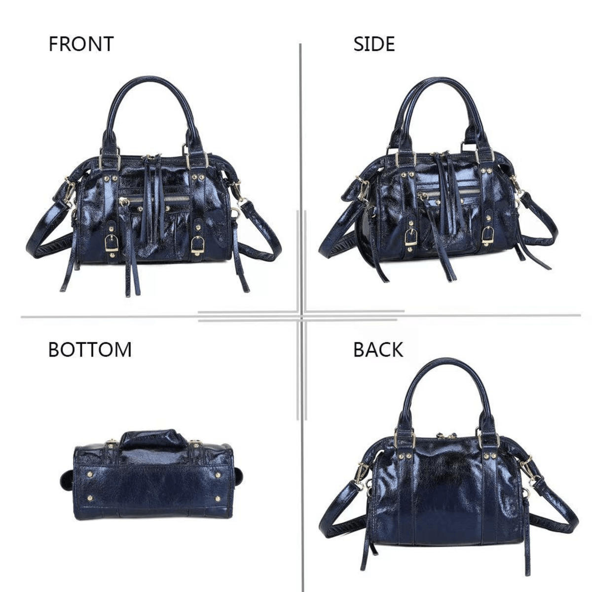 Sac bowling femme marine brillant présenté de face, de côté, de dos et dessous
