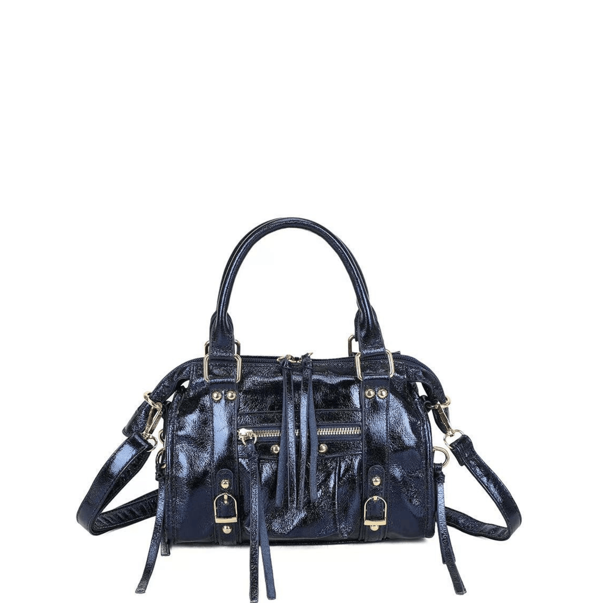 Sac à main femme brillant marine style bowling avec poche zippée avant et bandoulière