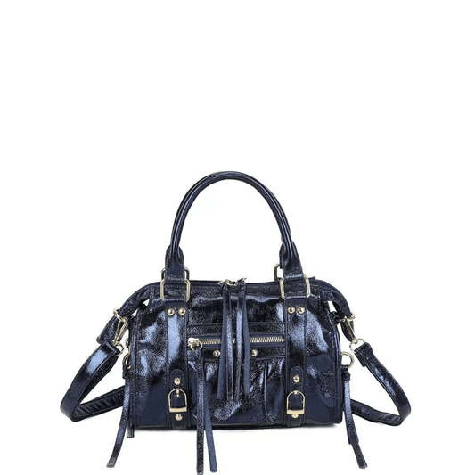 Sac à main femme brillant marine style bowling avec poche zippée avant et bandoulière