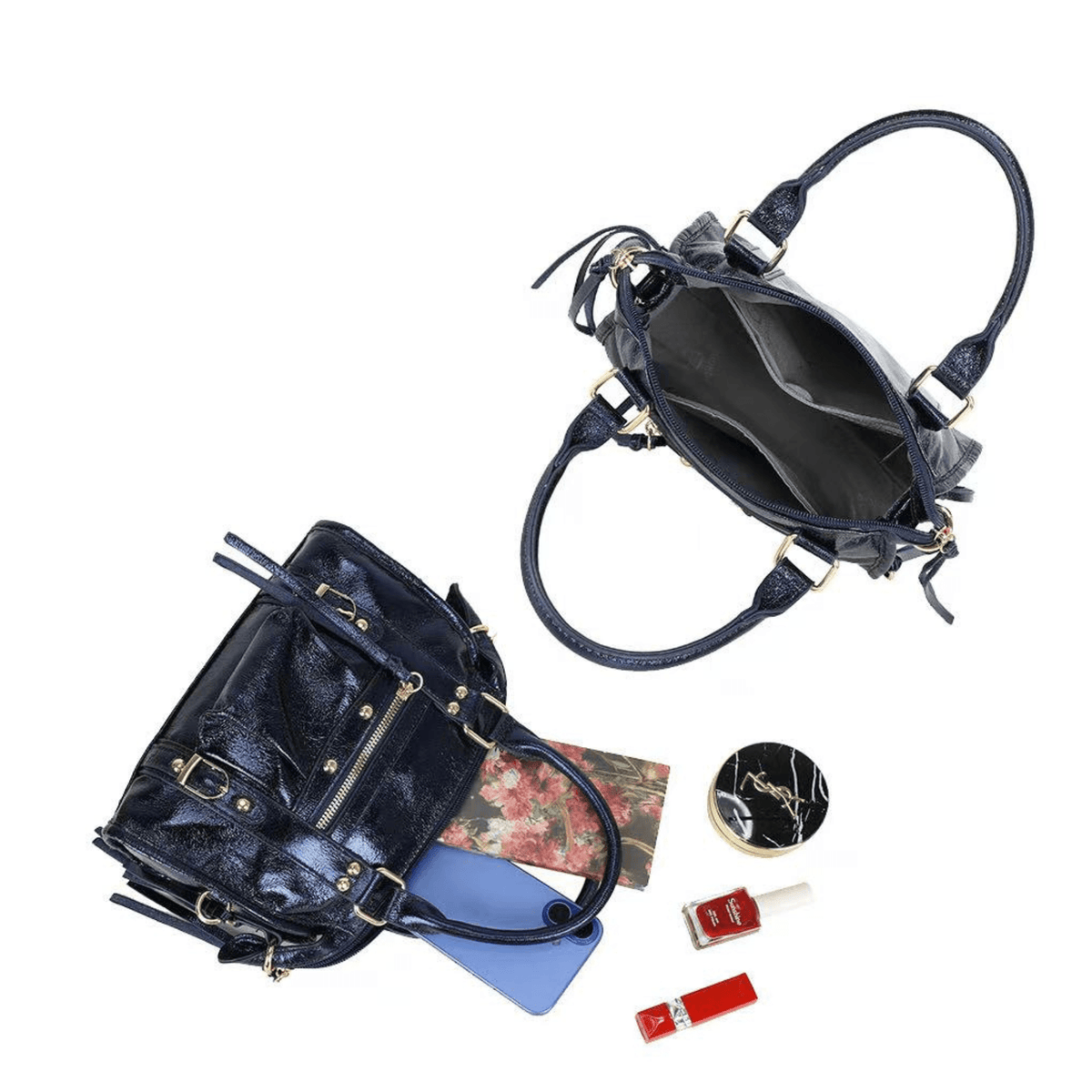 Sac à main marine brillant ouvert montrant sa doublure, ses poches intérieures et ses rangements