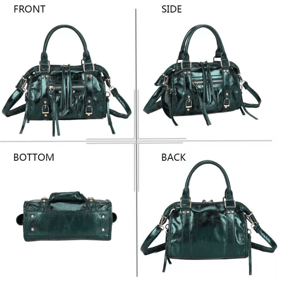 Sac bowling femme vert sapin brillant photographié de face, de profil, de dos et dessous
