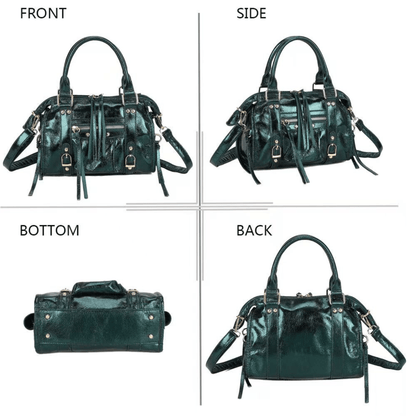 Sac bowling femme vert sapin brillant photographié de face, de profil, de dos et dessous