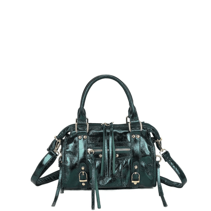 Sac à main femme vert sapin brillant forme bowling avec bandoulière et boucles décoratives