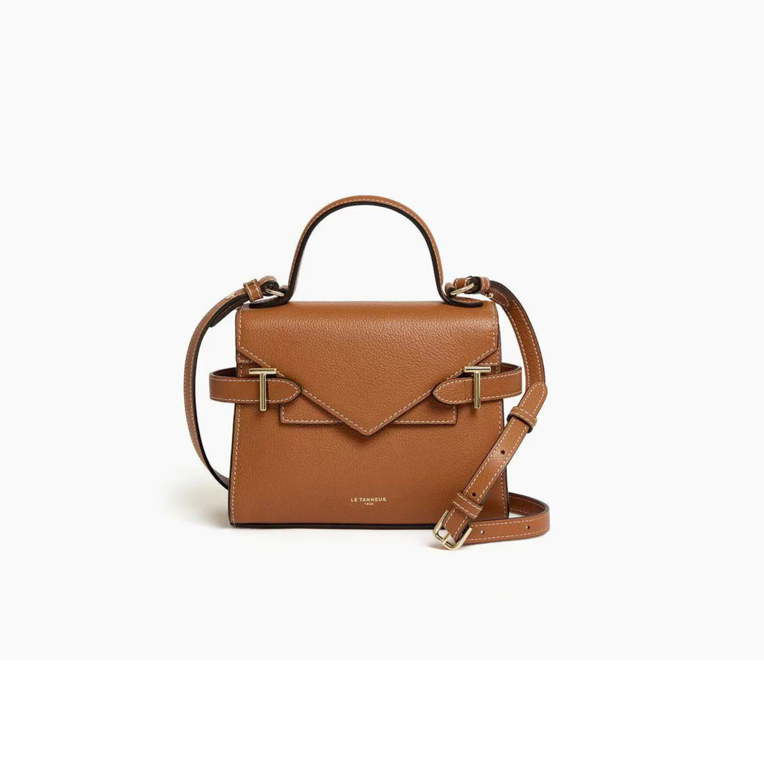 Petit sac à main Le Tanneur cuir grainé camel double rabat signature T