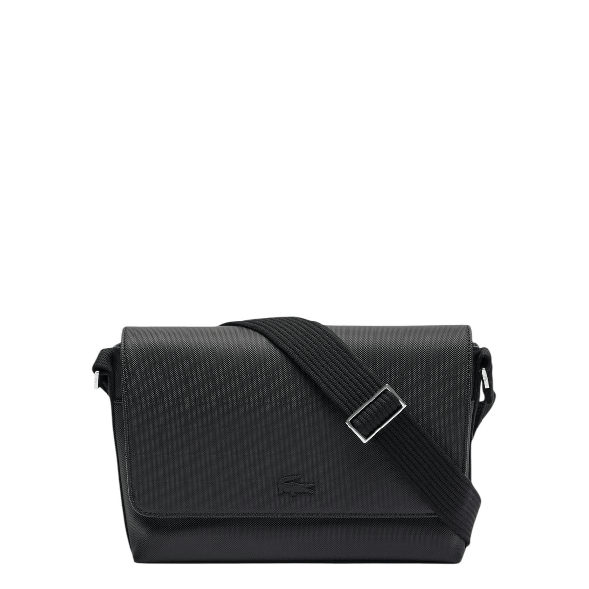 Sac Messenger homme Lacoste Men's Classic NH4645HC noir vue de face avec rabat effet Petit Piqué et crocodile ton sur ton
