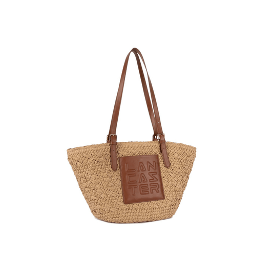 Sac panier Lancaster cognac en osier tressé avec détails cuir