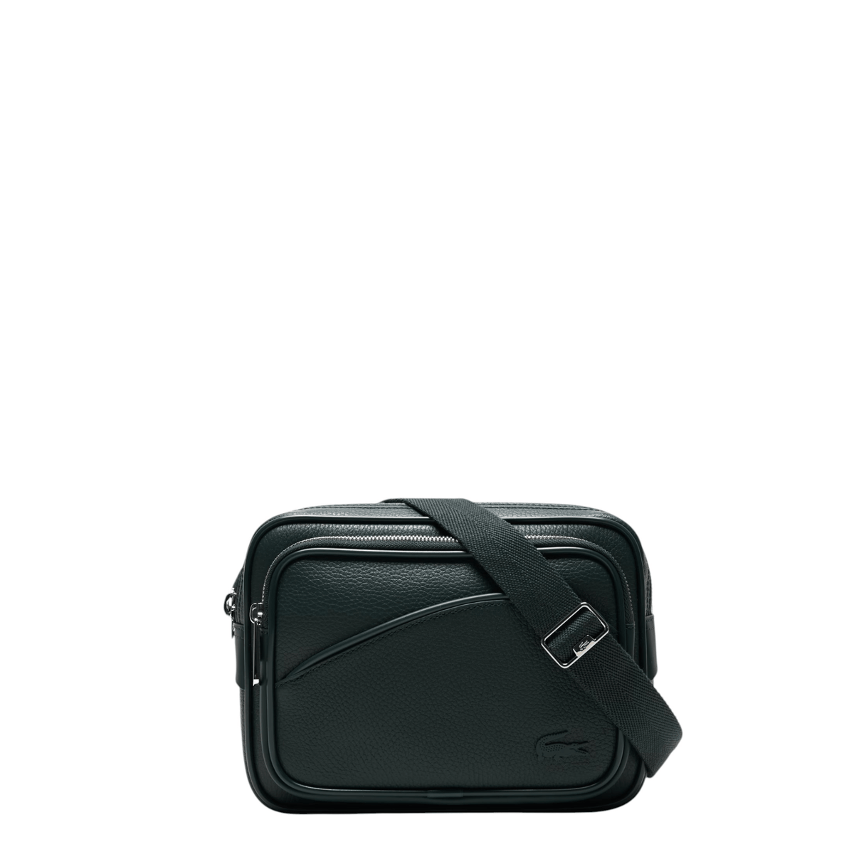 Sac reporter homme Lacoste NH4561GYB43 vert sapin vue de face avec poche avant zippée et bandoulière réglable