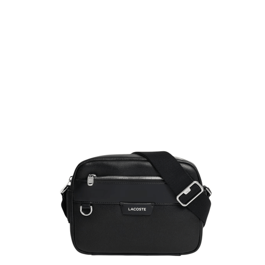 Sac reporter homme Lacoste Ossian NH5048OI noir vue de face avec poche zippée, anneau métallique et bandoulière réglable