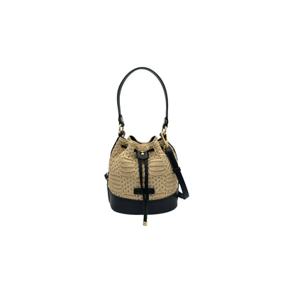 Sac seau femme Fuchsia Paris effet crochet raphia noir