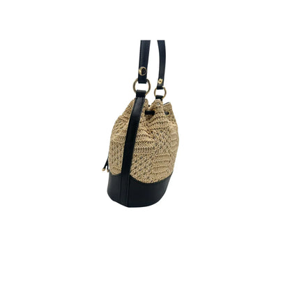 Sac seau femme Fuchsia Paris effet crochet raphia noir