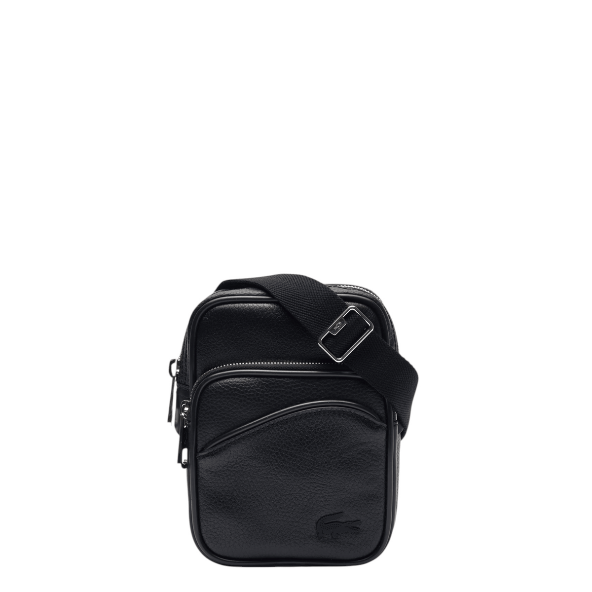 Sacoche bandoulière homme Lacoste NH4563GY000 noire vue de face avec poches zippées et crocodile ton sur ton